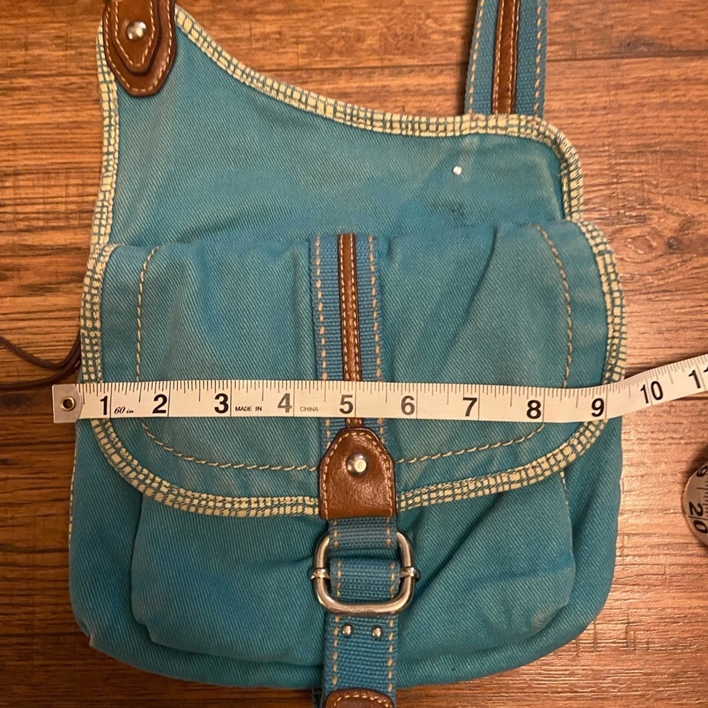 Fossil canvas and leather trim crossbody bag in a turquoise blue and brown Vtg - Picture 2 of 7